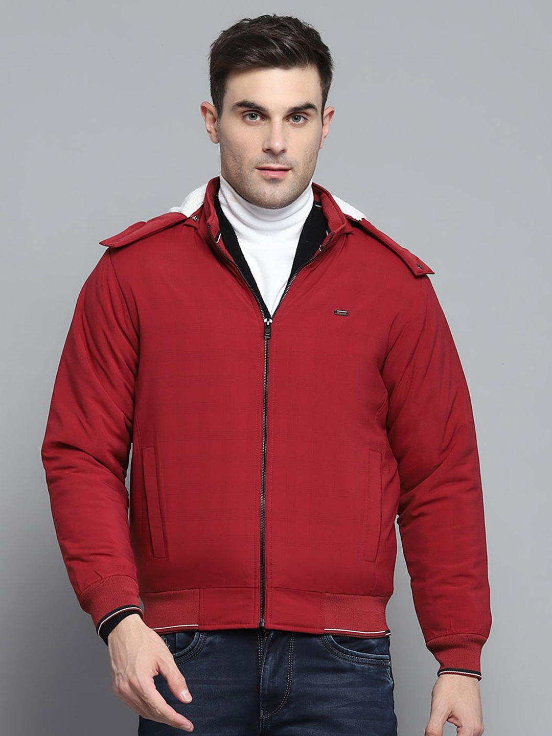 

Monte Carlo Men Hooded Solid Casual Bomber Jacket, Maroon