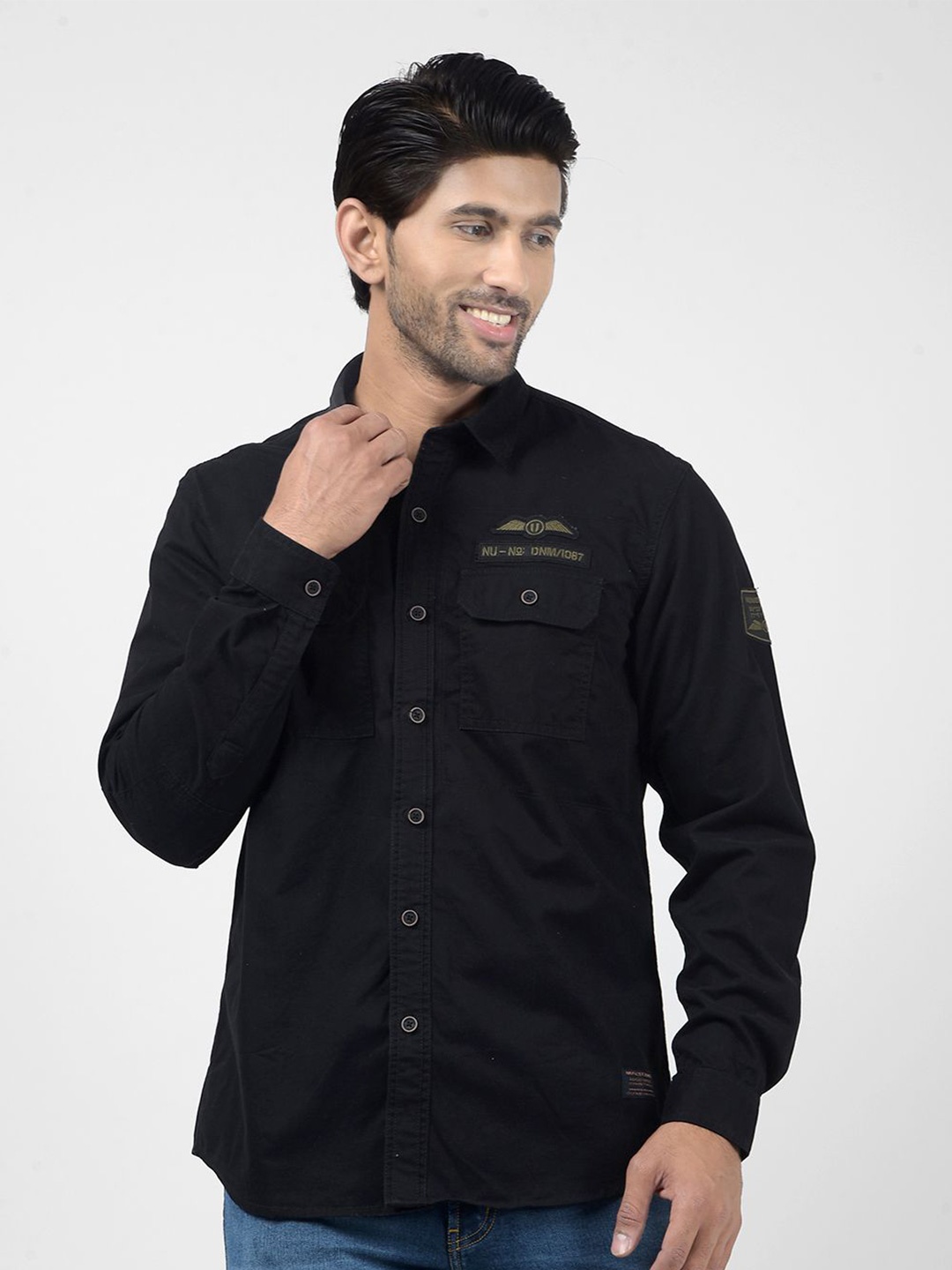 

Numero Uno Men Spread Collar Solid Cotton Casual Shirt, Black