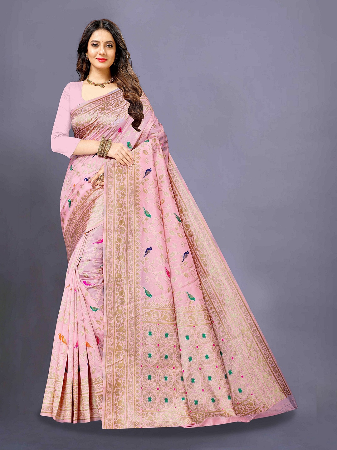 

VARNI FABRICS Woven Design Zari Pure Silk Banarasi Saree, Peach