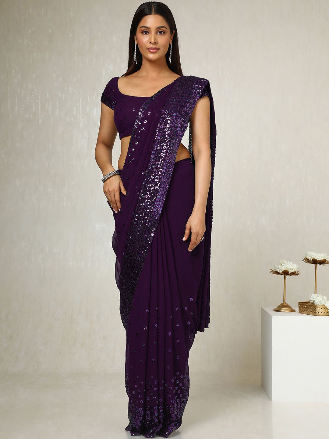 

Soch Embellished Sequinned Pure Georgette Heavy Work Saree, Purple