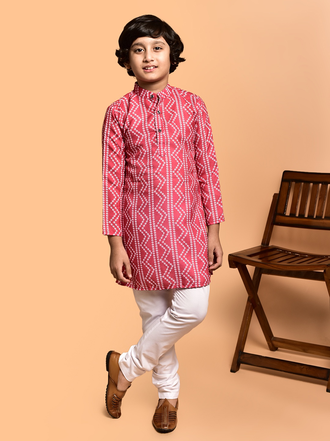 

PRINTINDIA Boys Bandhani Printed Band Collar Kurta & Churidar, Red