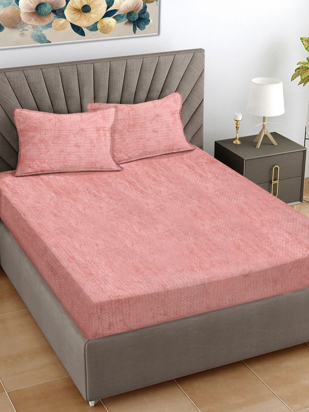 

FABINALIV Peach-Coloured Geometric 300 TC Wool King Bedsheet Set 2.50 m x 2.20 m