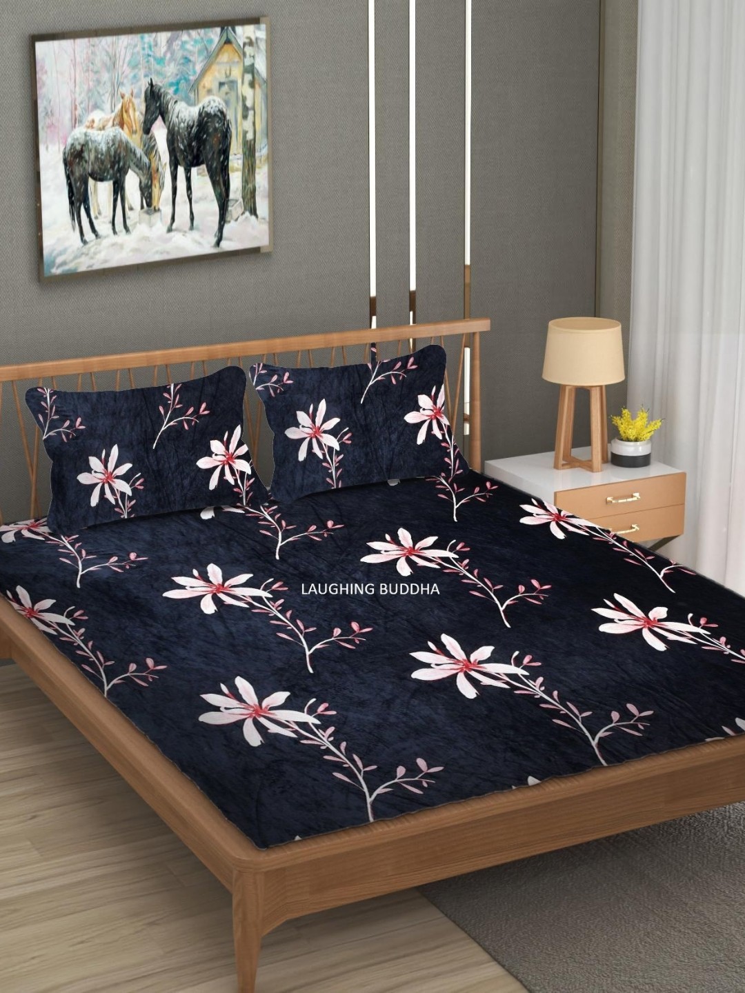 

YaAkholic Navy Blue & White Floral 210 TC King Velvet Fitted Bedsheet Set- 1.9 M x 1.8 M