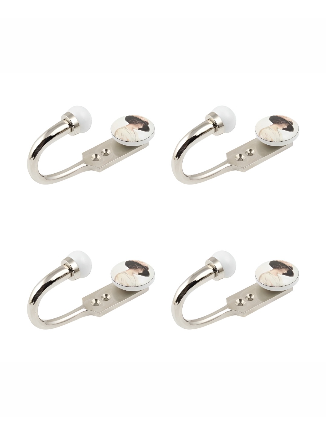 

IndianShelf Silver-Toned & White 4 Pieces Lady Printed Ceramic & Zinc Wall Hooks