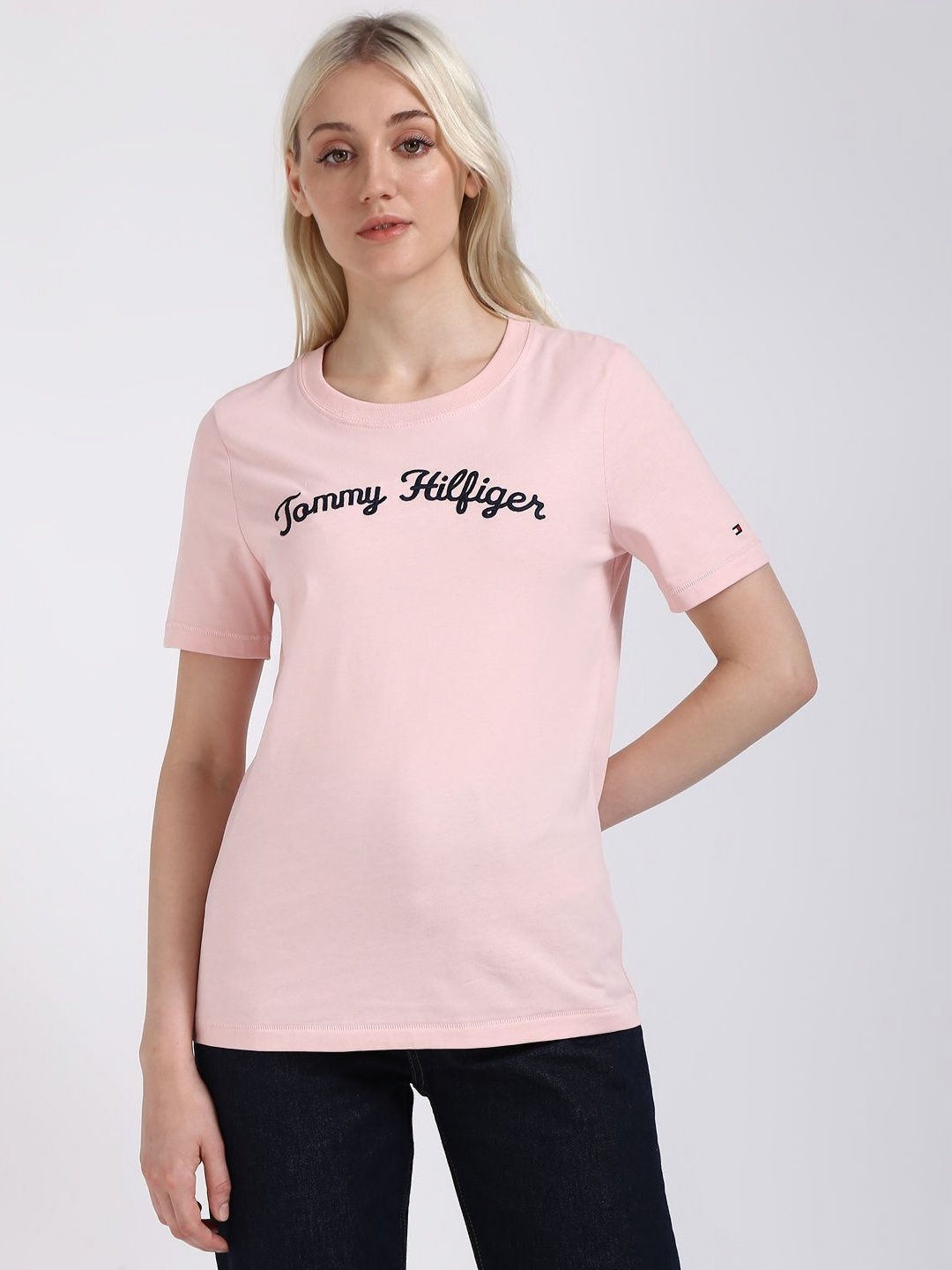 

Tommy Hilfiger Women Typography Printed Round Neck Cotton T-shirt, Pink
