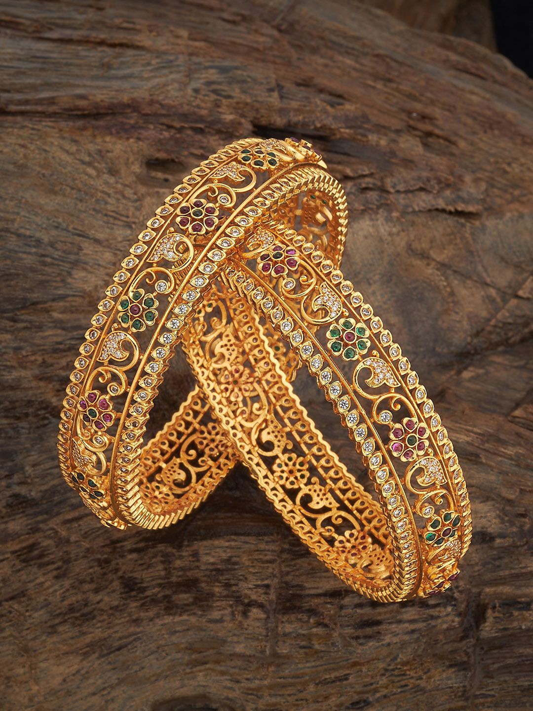 

Kushal's Fashion Jewellery Set Of 2 Gold-Plated Stones Studded Antique Bangles