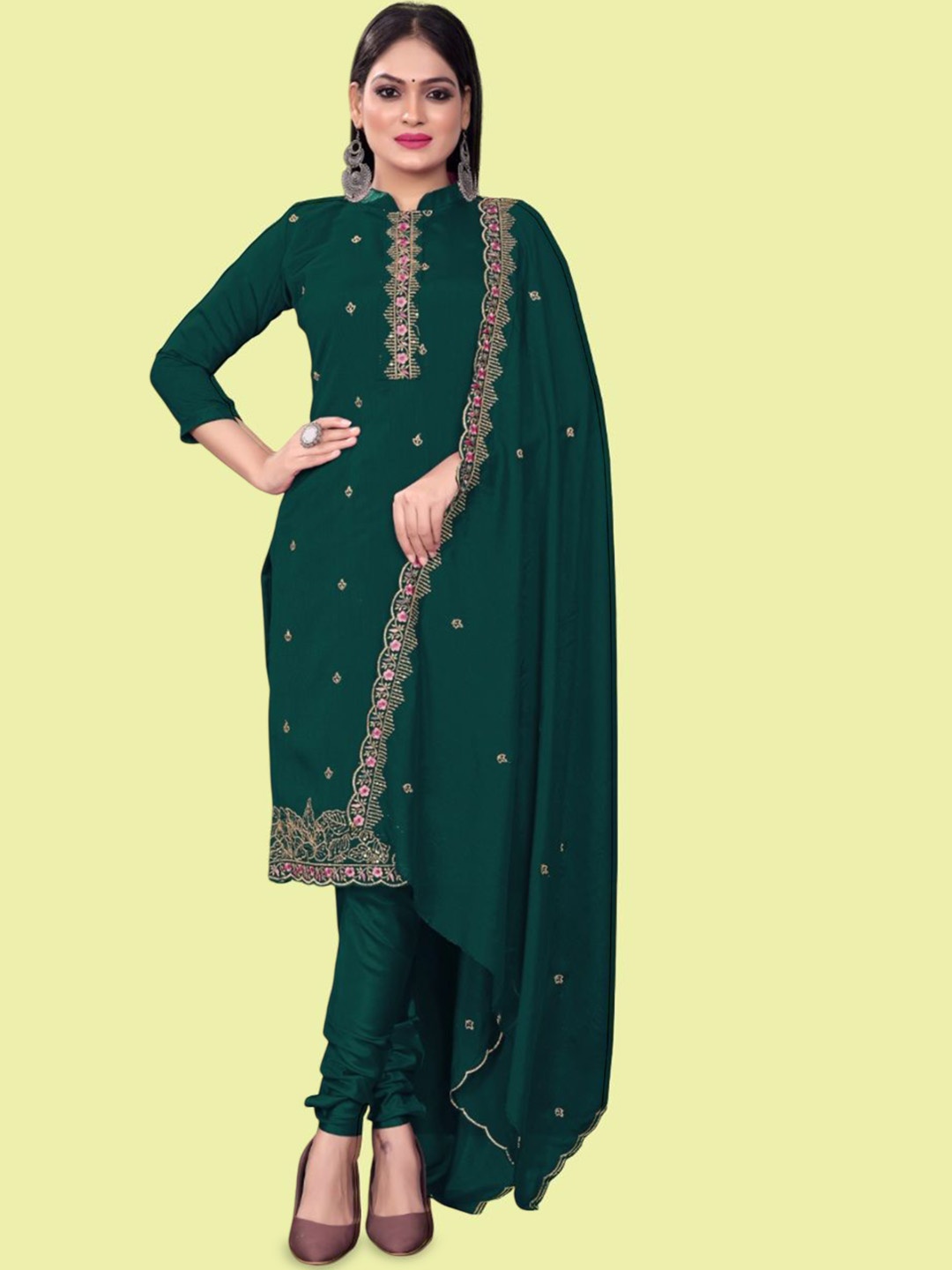 

JULEE Ethnic Motifs Embroidered Pure Silk Unstitched Dress Material, Green