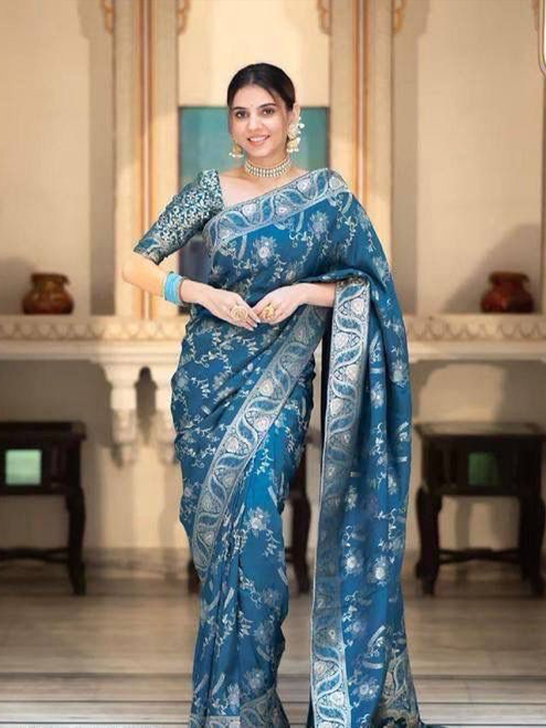 

ZIBLON Woven Design Zari Pure Silk Kanjeevaram Saree, Teal