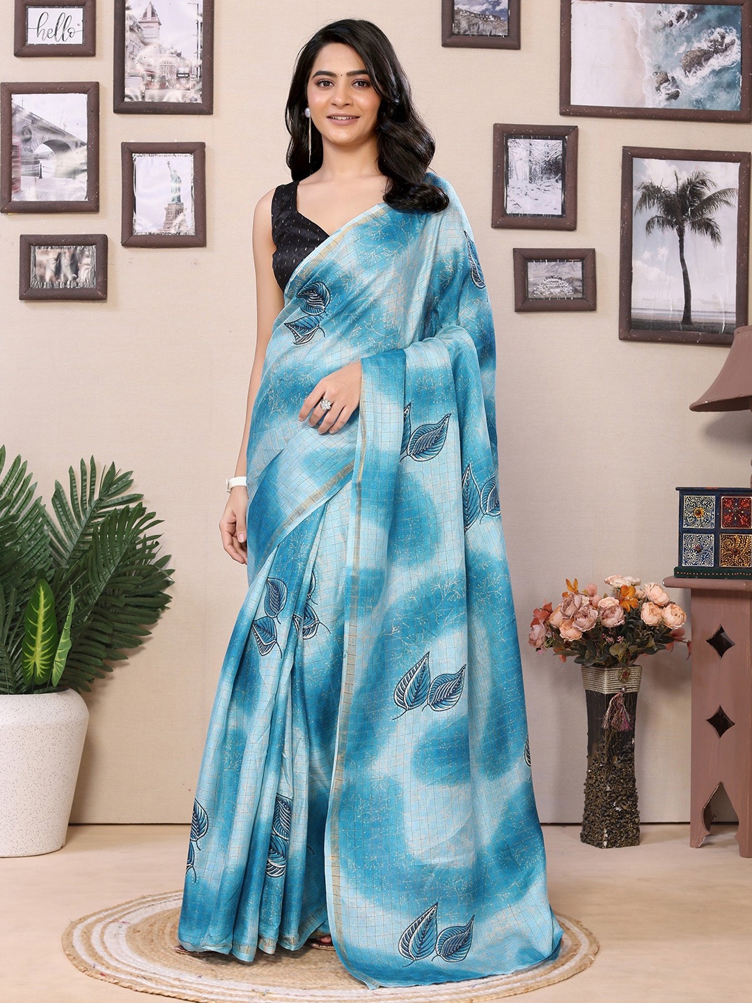 

LeeliPeeri Designer Floral Printed Zari Ready to Wear Saree, Blue