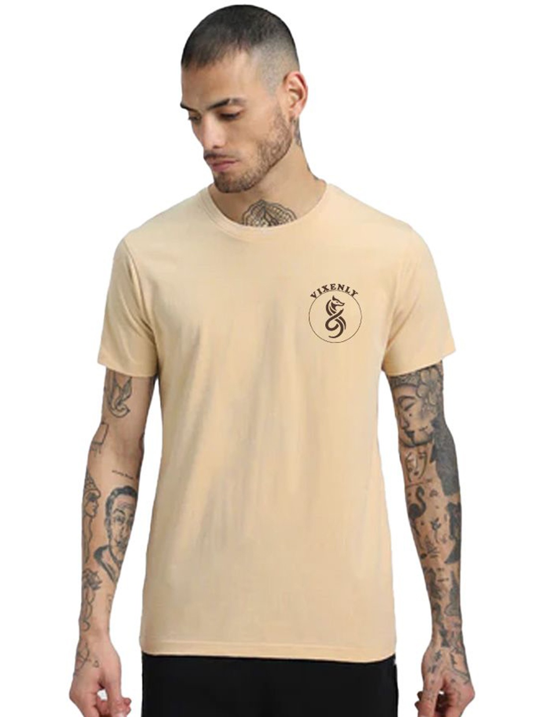 

VIXENLY Men Graphic Printed Round Neck Cotton T-shirt, Beige