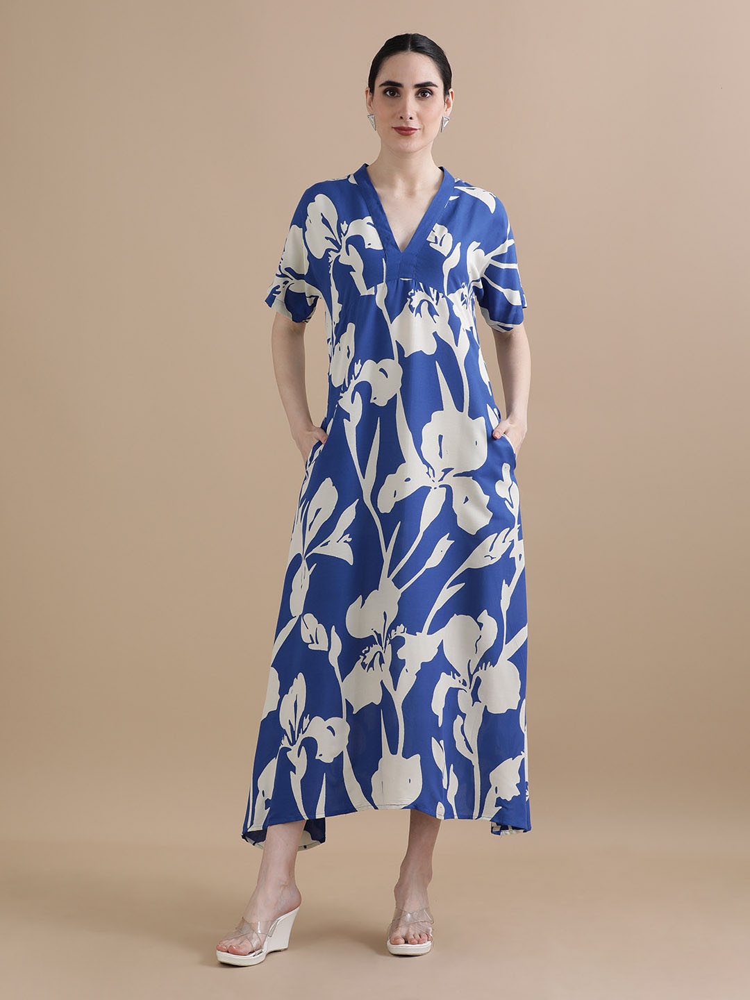 

BLACK & BLAH BLAH Relaxed Fit Floral Printed A-Line Midi Dress, Blue