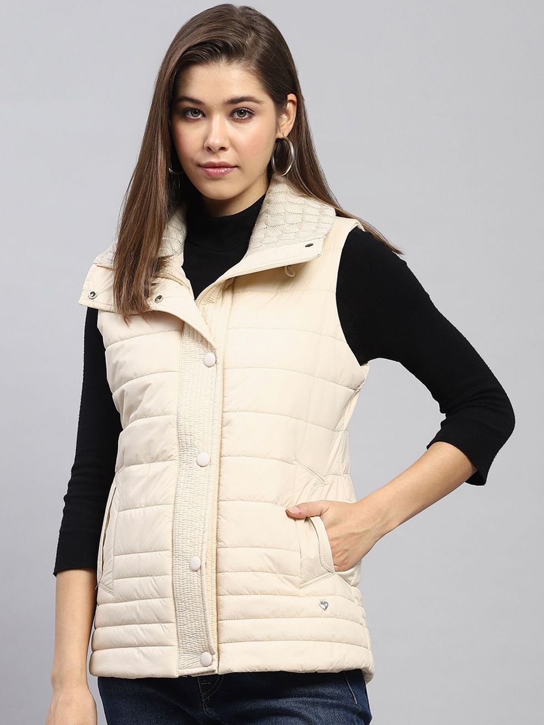 

Monte Carlo Women Mock Collar Solid Casual Padded Jacket, Cream