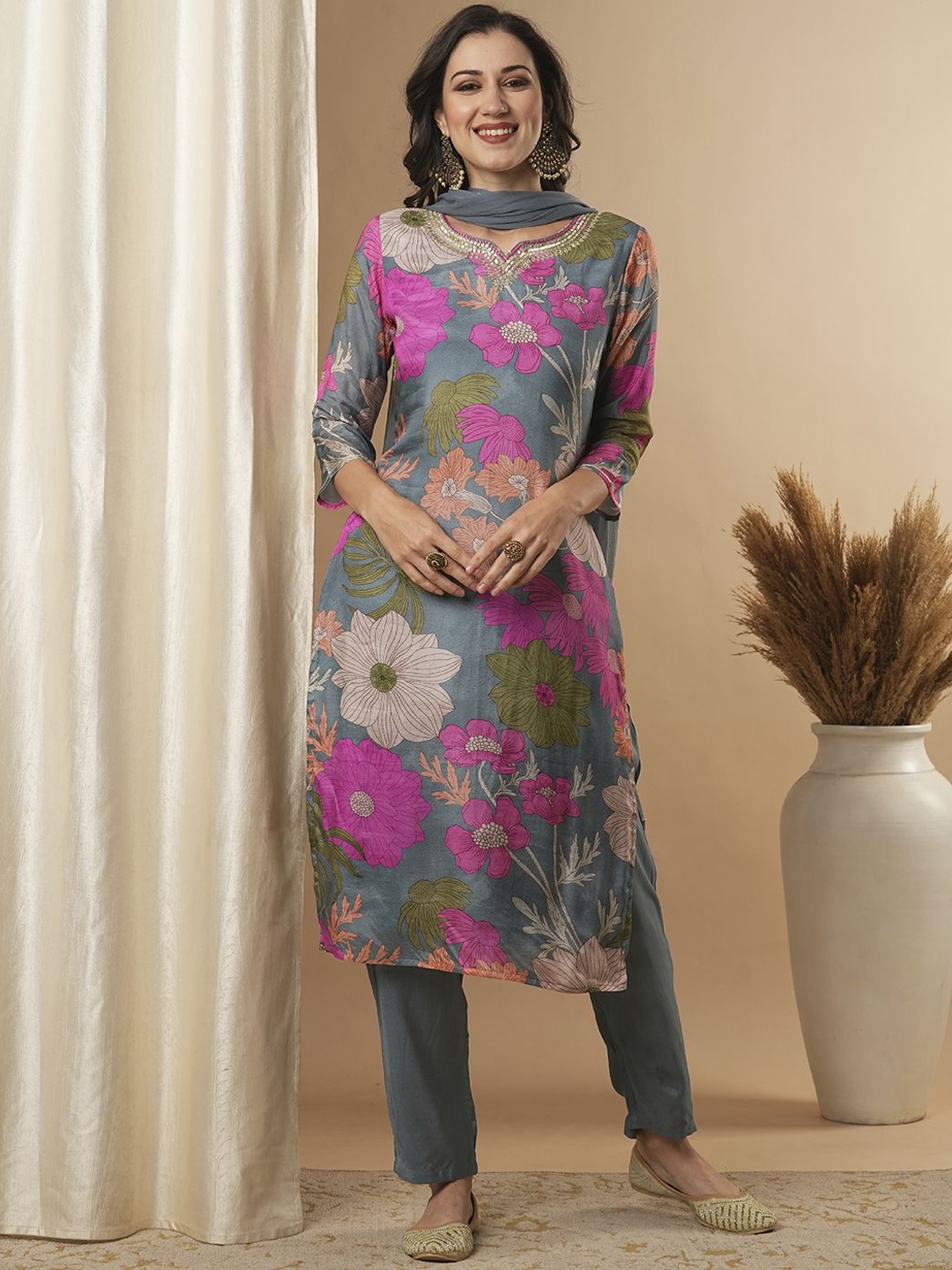 

FASHOR Floral Printed Zari Pure Cotton Straight Kurta With Trouser & Dupatta, Blue