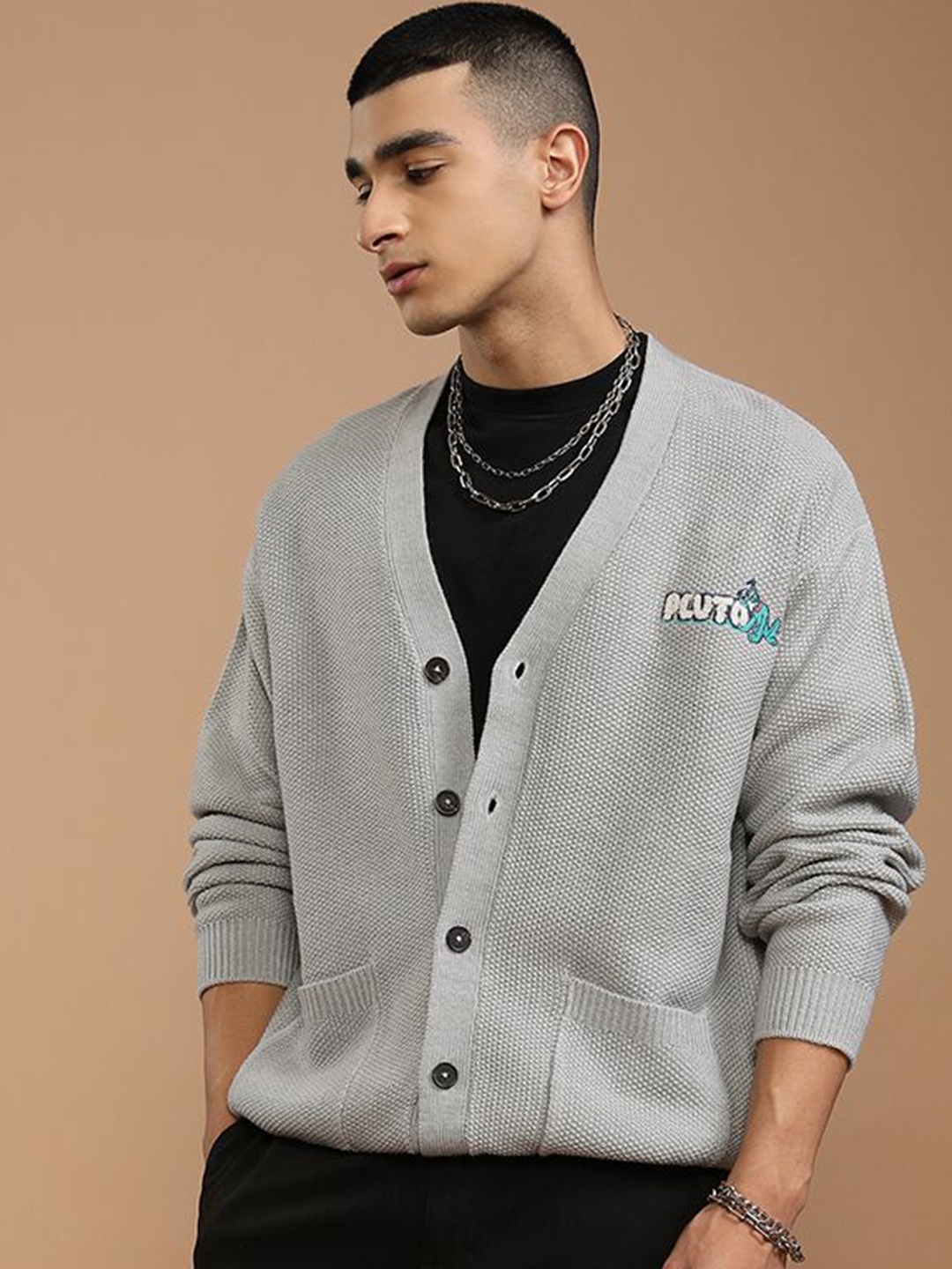 

HIGHLANDER Men Embroidered Ribbed Cardigan with Embellished Detail, Grey