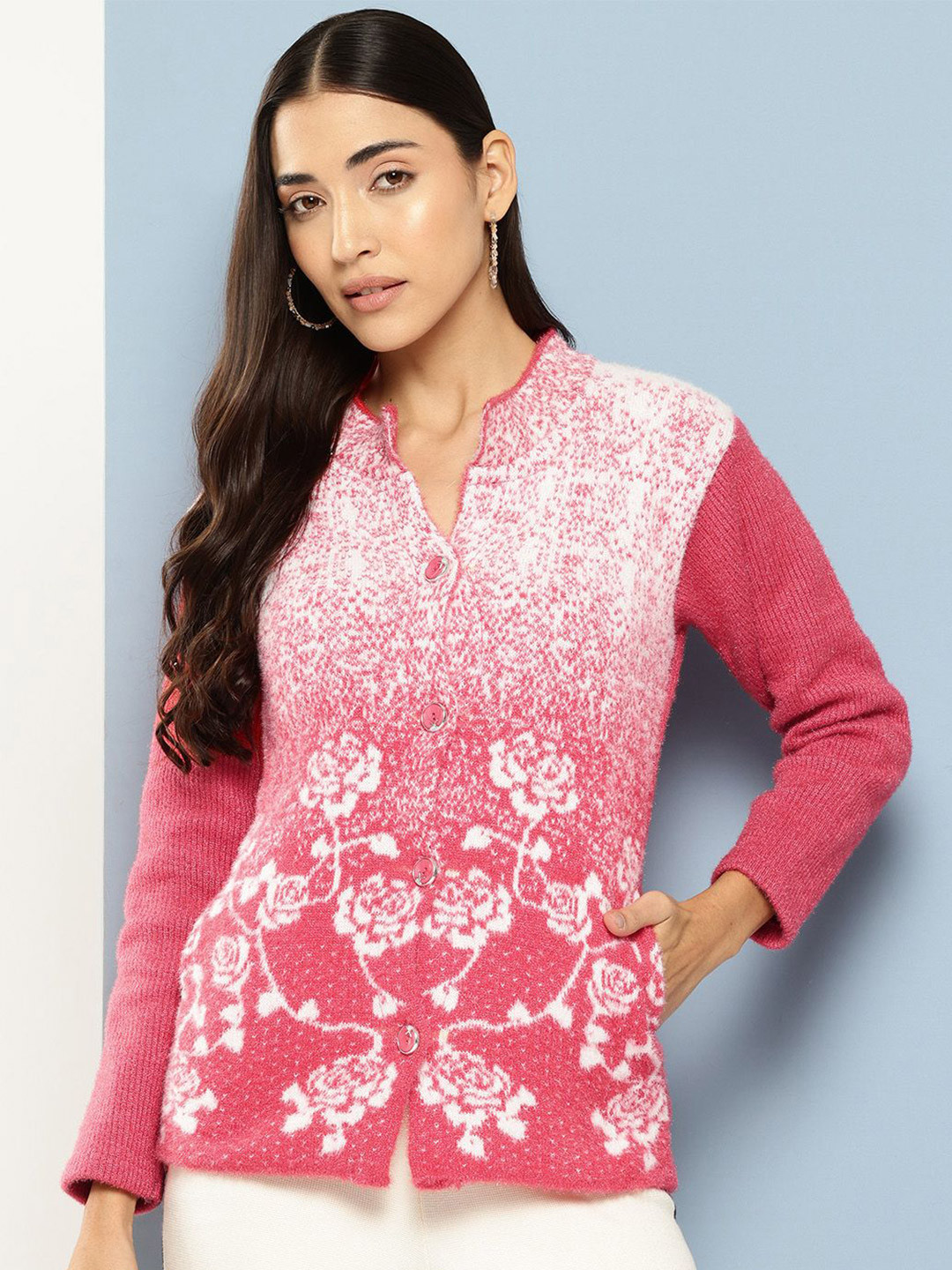 

BAESD Women Floral Self Design Woollen Cardigan, Red