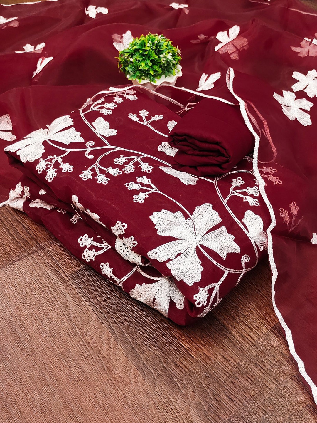 

JULEE Floral Embroidered Organza Unstitched Dress Material, Maroon