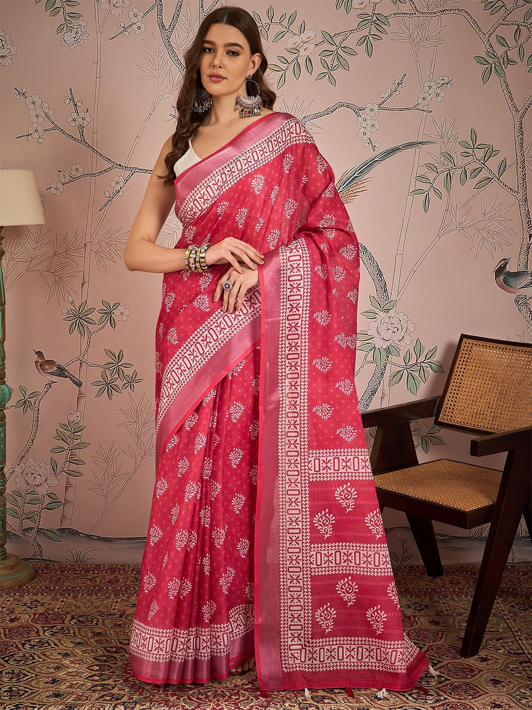 

KSM PRINTS Ethnic Motifs Printed Zari Saree, Pink