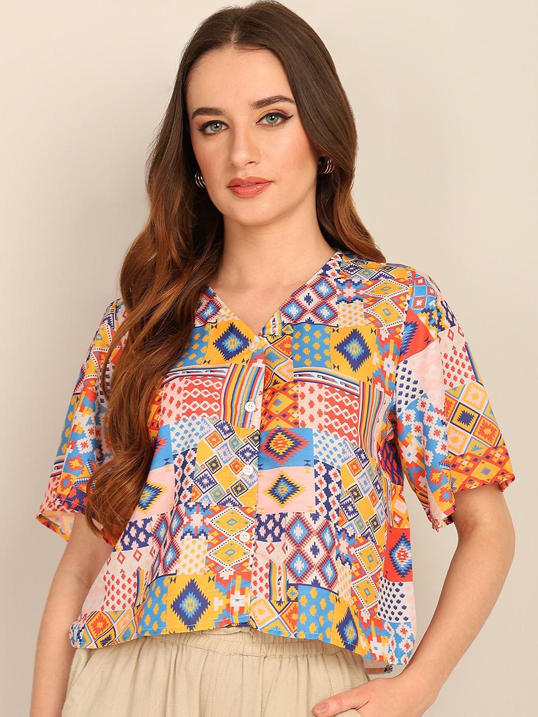 

DressBerry Women Collarless Floral Printed Cotton Boxy Casual Shirt, Orange