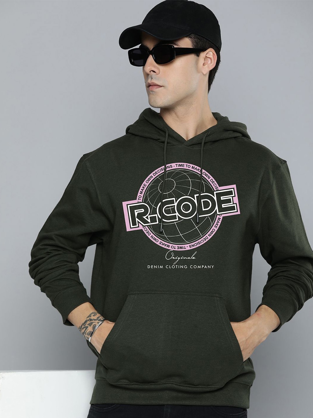 

R.Code by The Roadster Life Co. Men Printed Hooded Sweatshirt, Olive