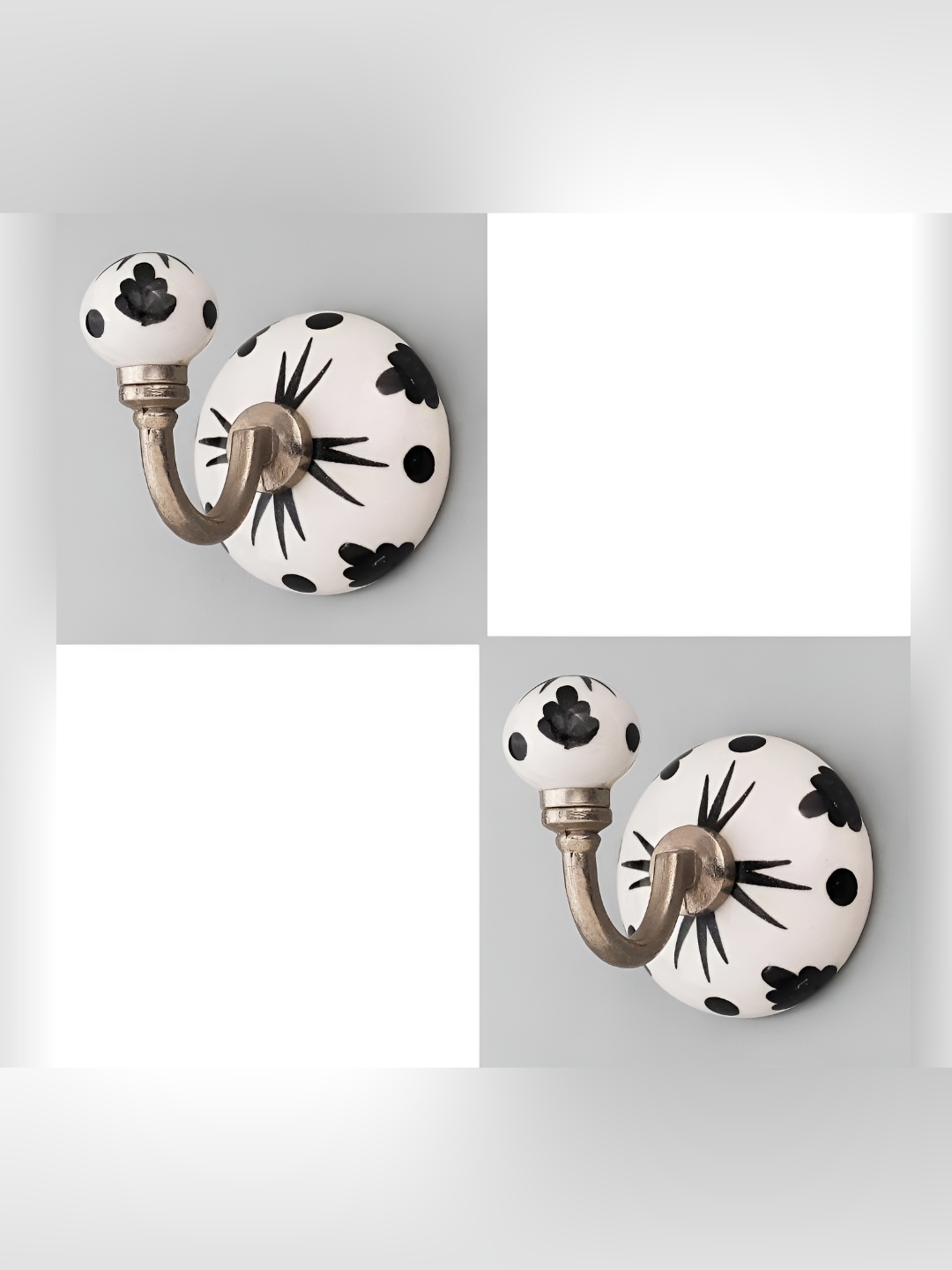 

IndianShelf Black & White 2 Pieces Ceramic Floral Cloth Hangers Coat Hooks