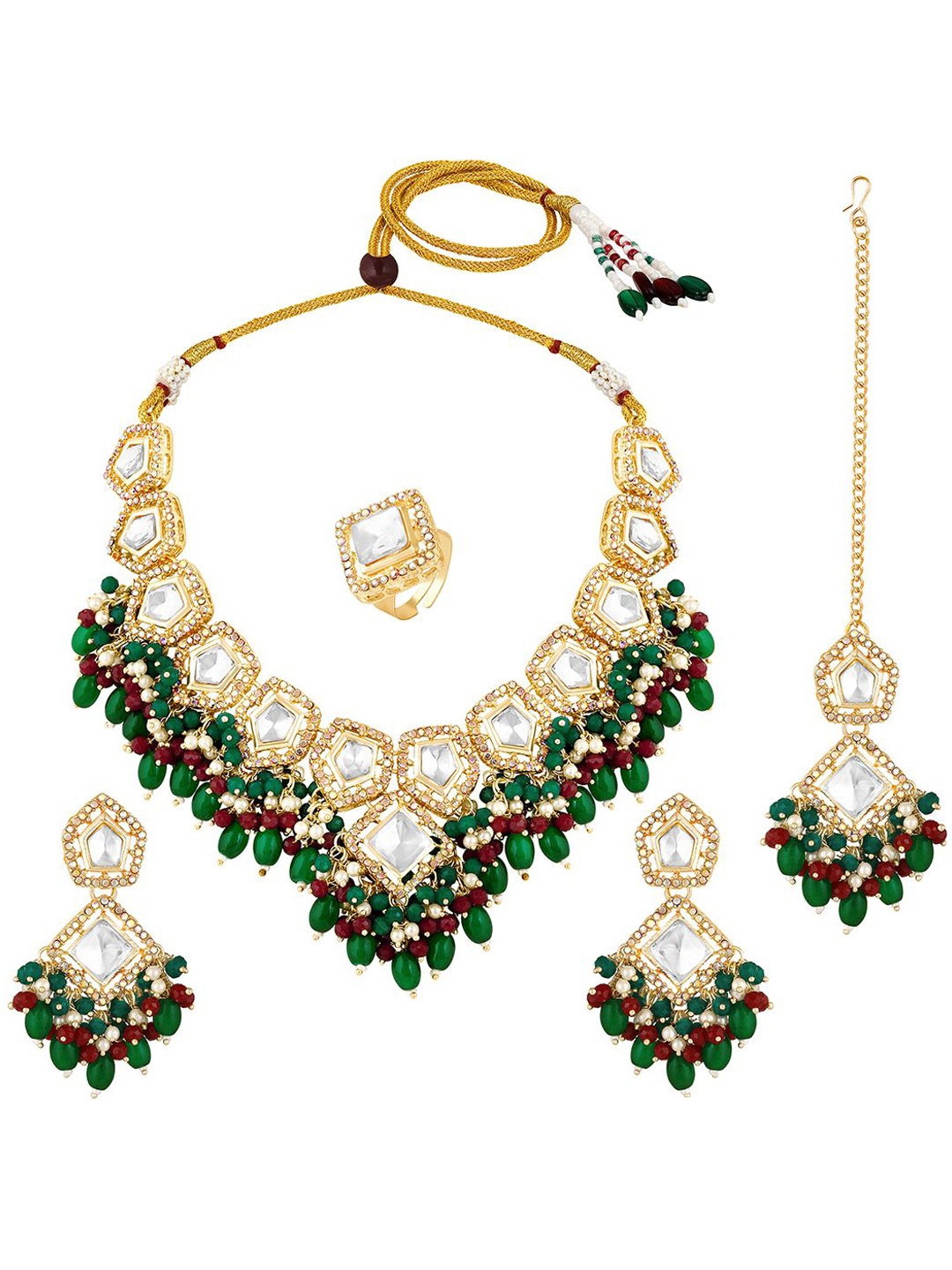 

Peora Gold-Plated Kundan-Studded & Beaded Necklace and Earrings With Maang Tika