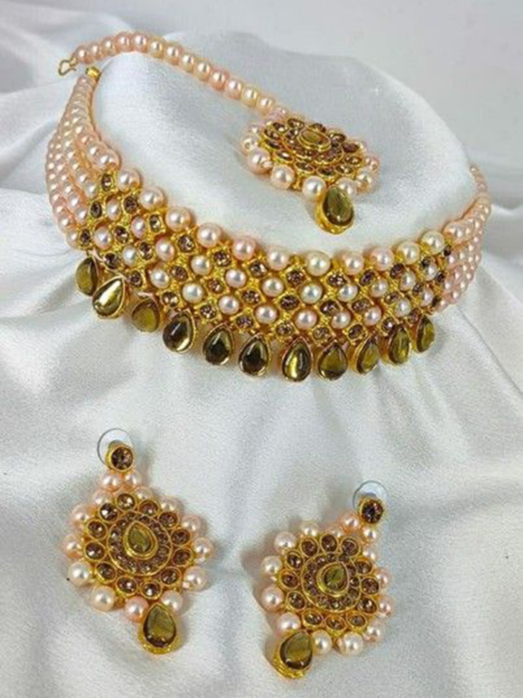 

Gyaan Jewels Stone Studded & Beaded Jewellery Set, Gold