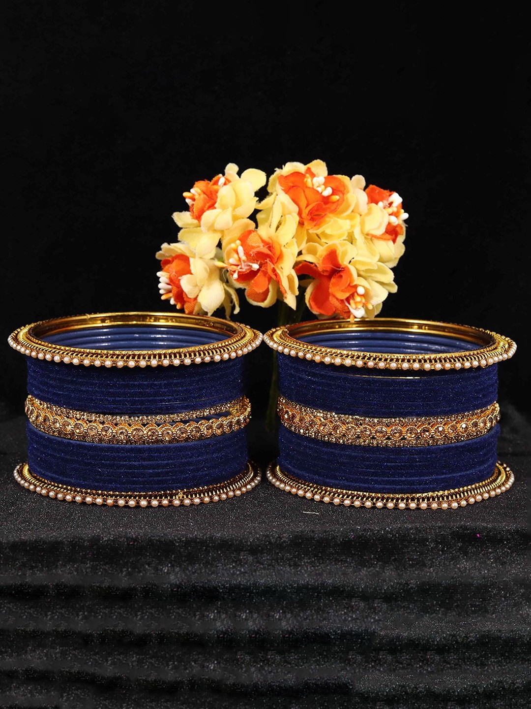 

ZULKA Set of 34 Traditional Metal Bangles Studded Zircon Diamond Stone & Pearls, Peach