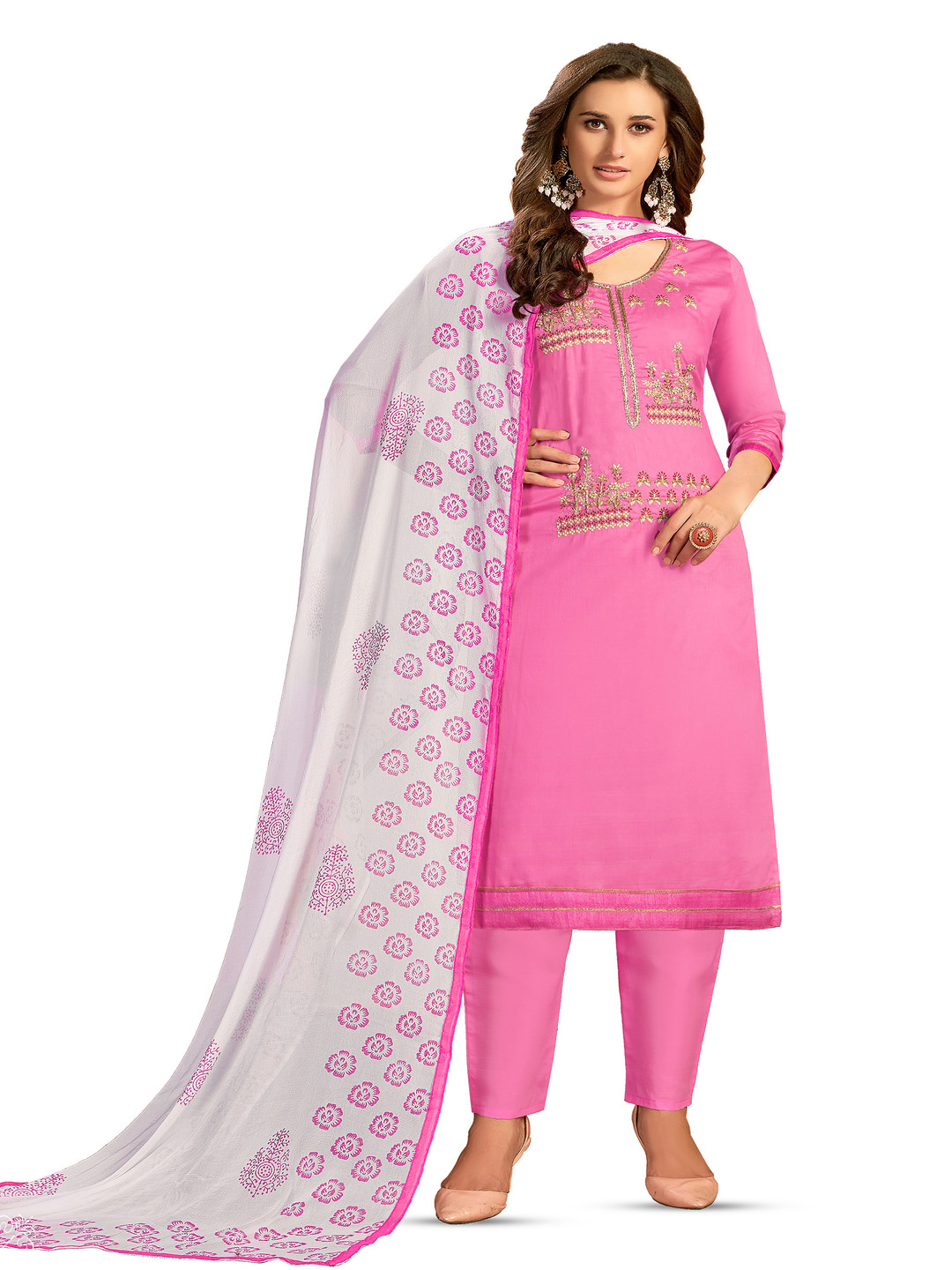 

Maroosh Floral Embroided Beads and Stones Unstitched Dress Material, Pink