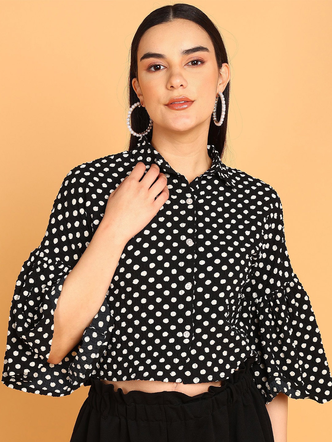 

DressBerry Women Spread Collar Polka Dots Printed Relaxed Fit Casual Shirt, Black