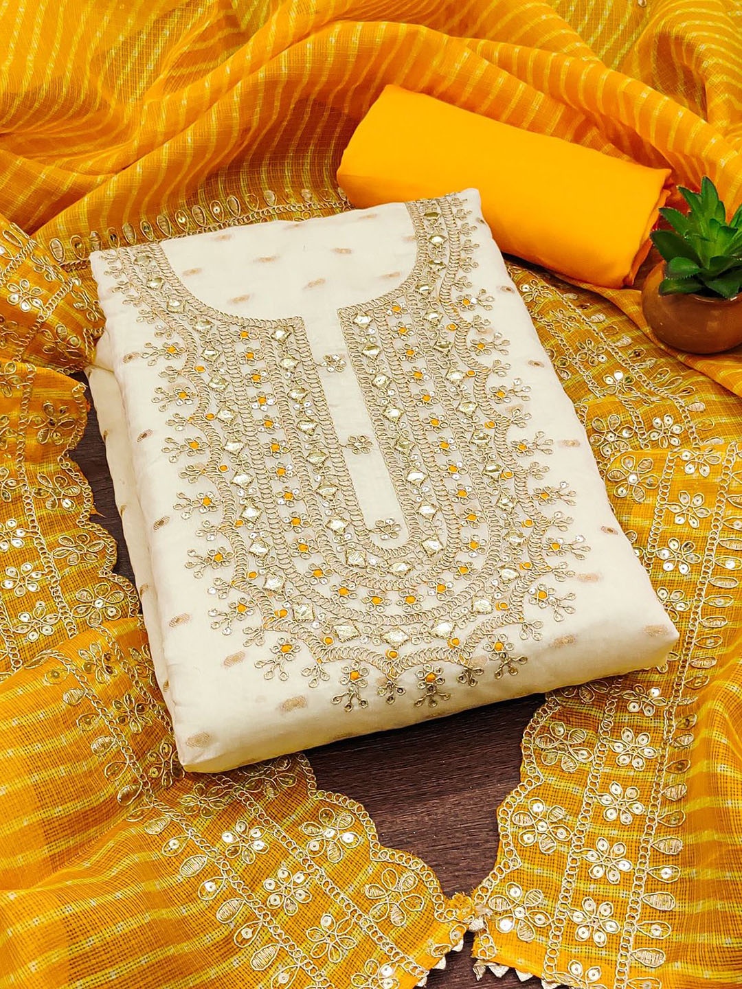 

JULEE Floral Embroidered Sequinned Unstitched Dress Material, Yellow