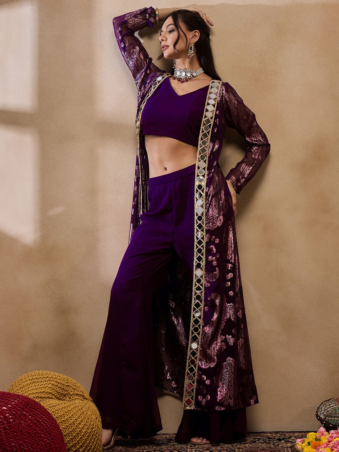 

MABISH by Sonal Jain V-Neck Sleeveless Top With Palazzo With Jacket, Purple