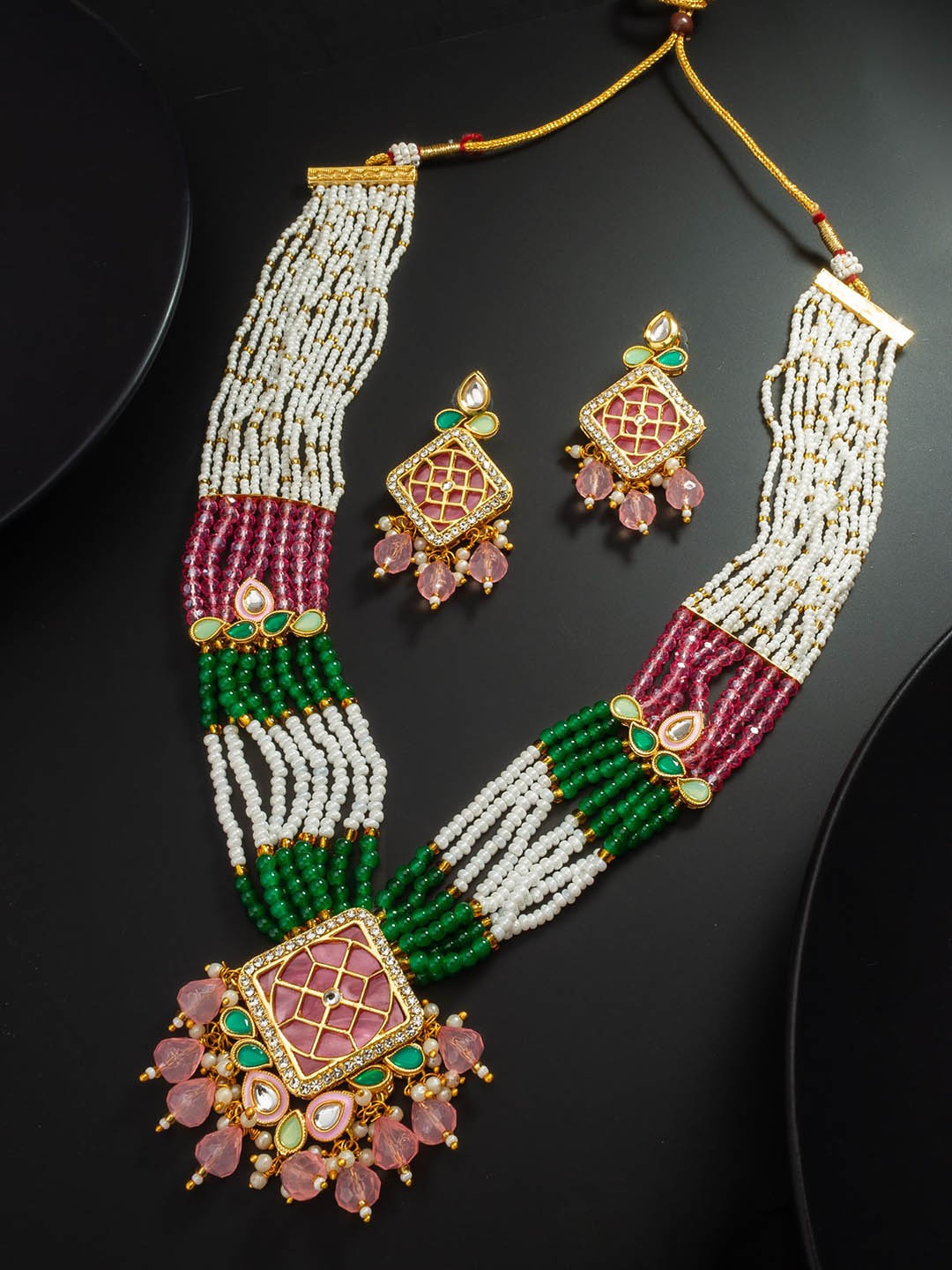 

aadita Kundan Stone Studded & Beaded Necklace & Earrings, White