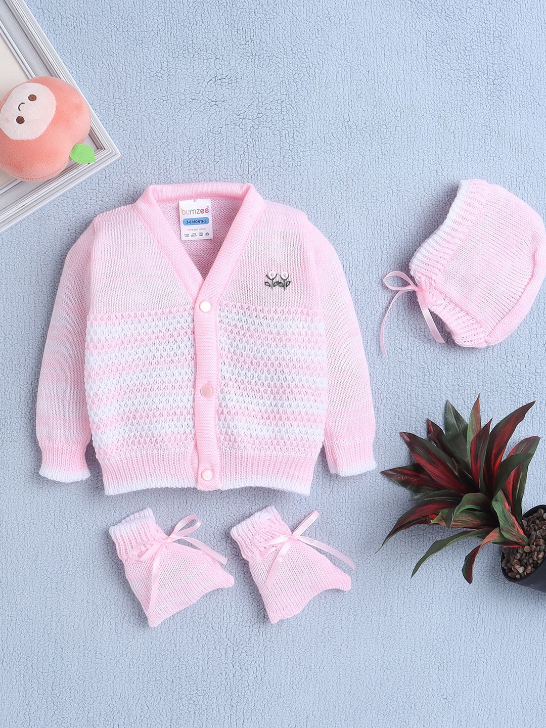 

BUMZEE Girls Striped Front-Open Sweater With Cap & Socks, Pink