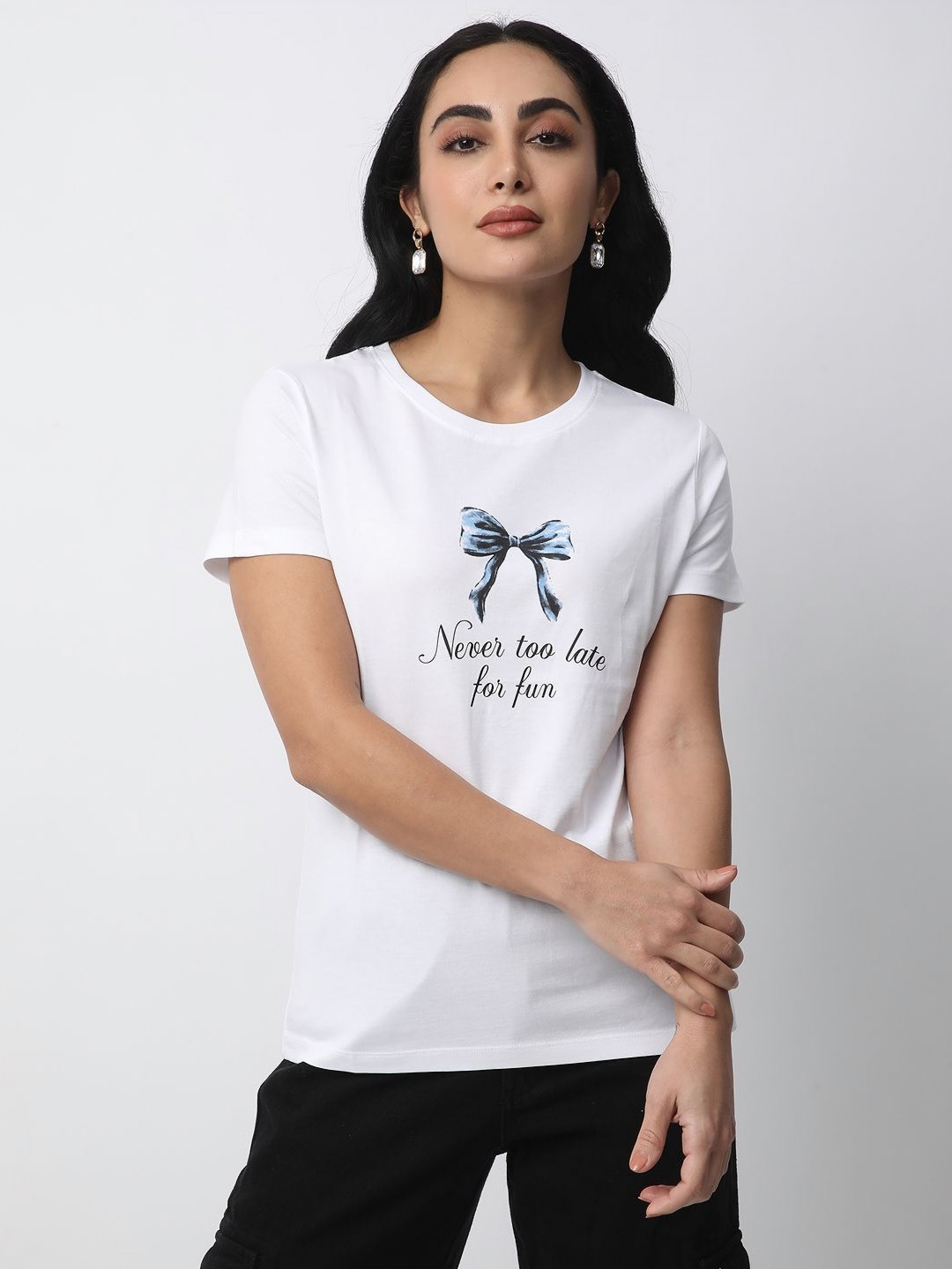 

R&B Women Typography Printed Round Neck Cotton T-shirt, White