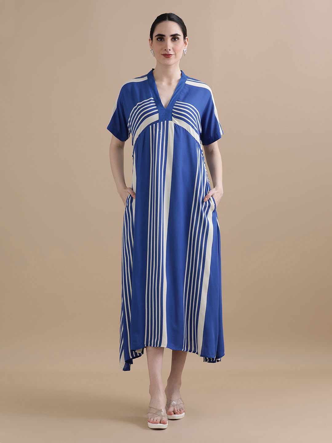 

BLACK & BLAH BLAH Women Relaxed Fit Stripes Printed A-Line Dress, Blue