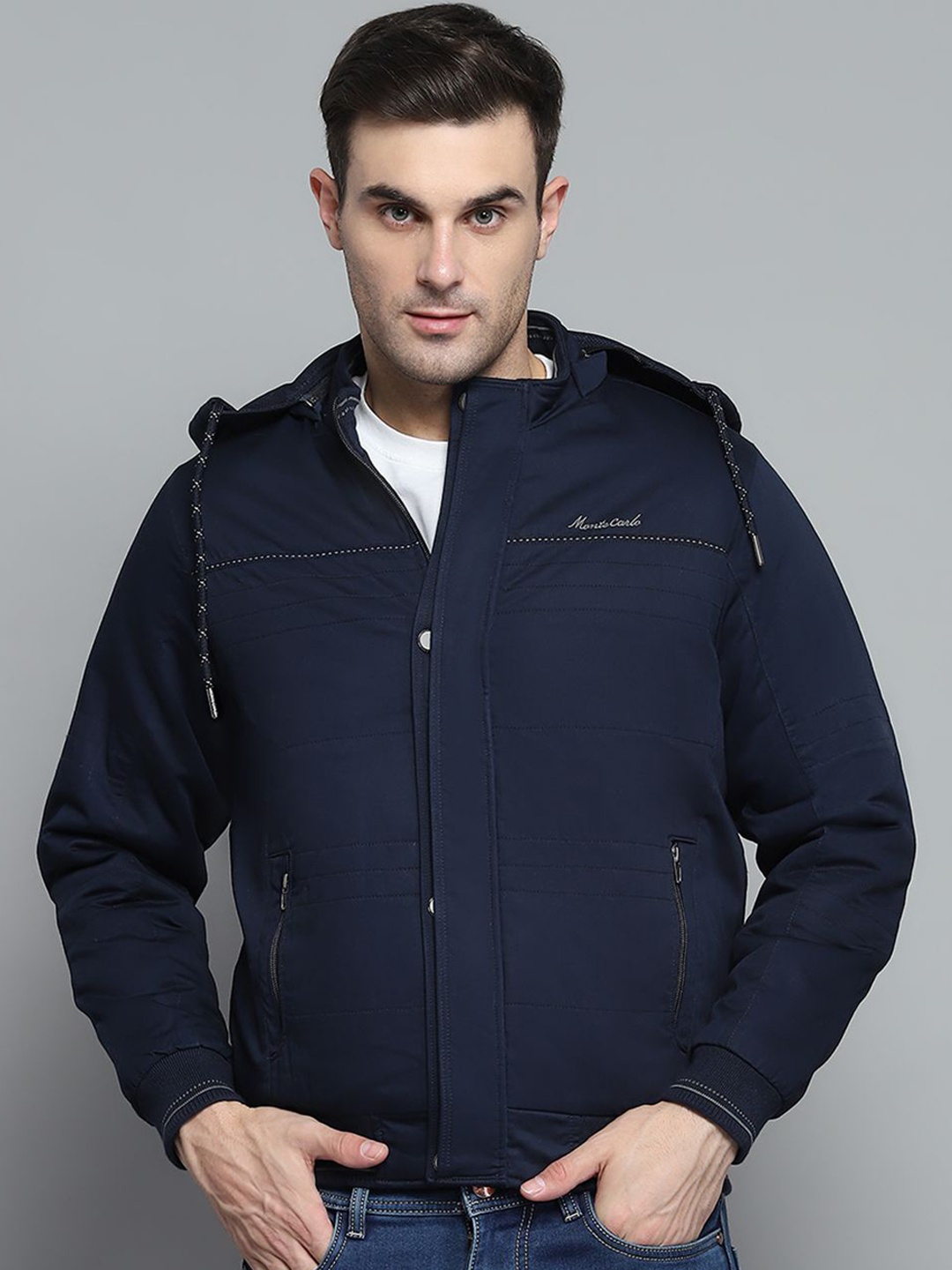 

Monte Carlo Men Hooded Solid Cotton Casual Padded Jacket, Navy blue