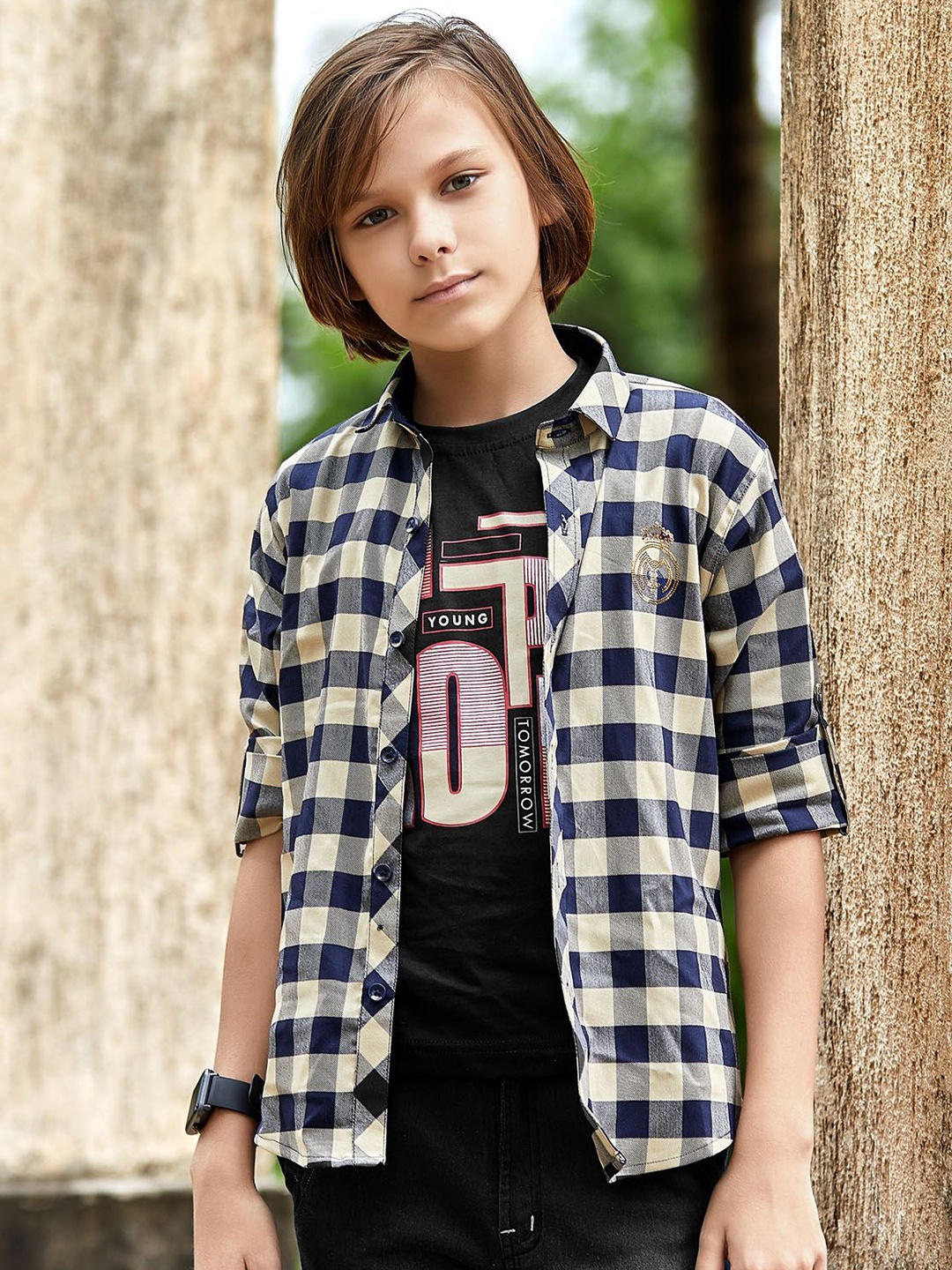 

MashUp Boys Classic Spread Collar Checked Cotton Casual Shirt, Khaki