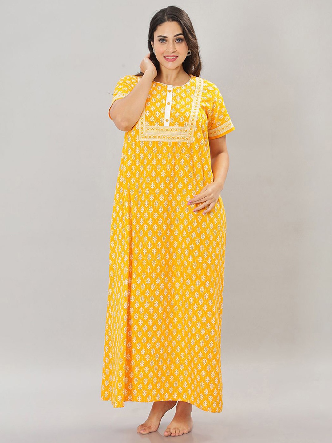 

NAIDU HALL Women Pure Cotton Printed Maxi Nightdress, Yellow