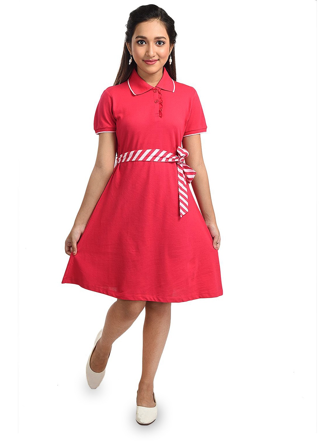 

Clothe Funn Girls Shirt Collar Cotton A-Line Dress, Coral