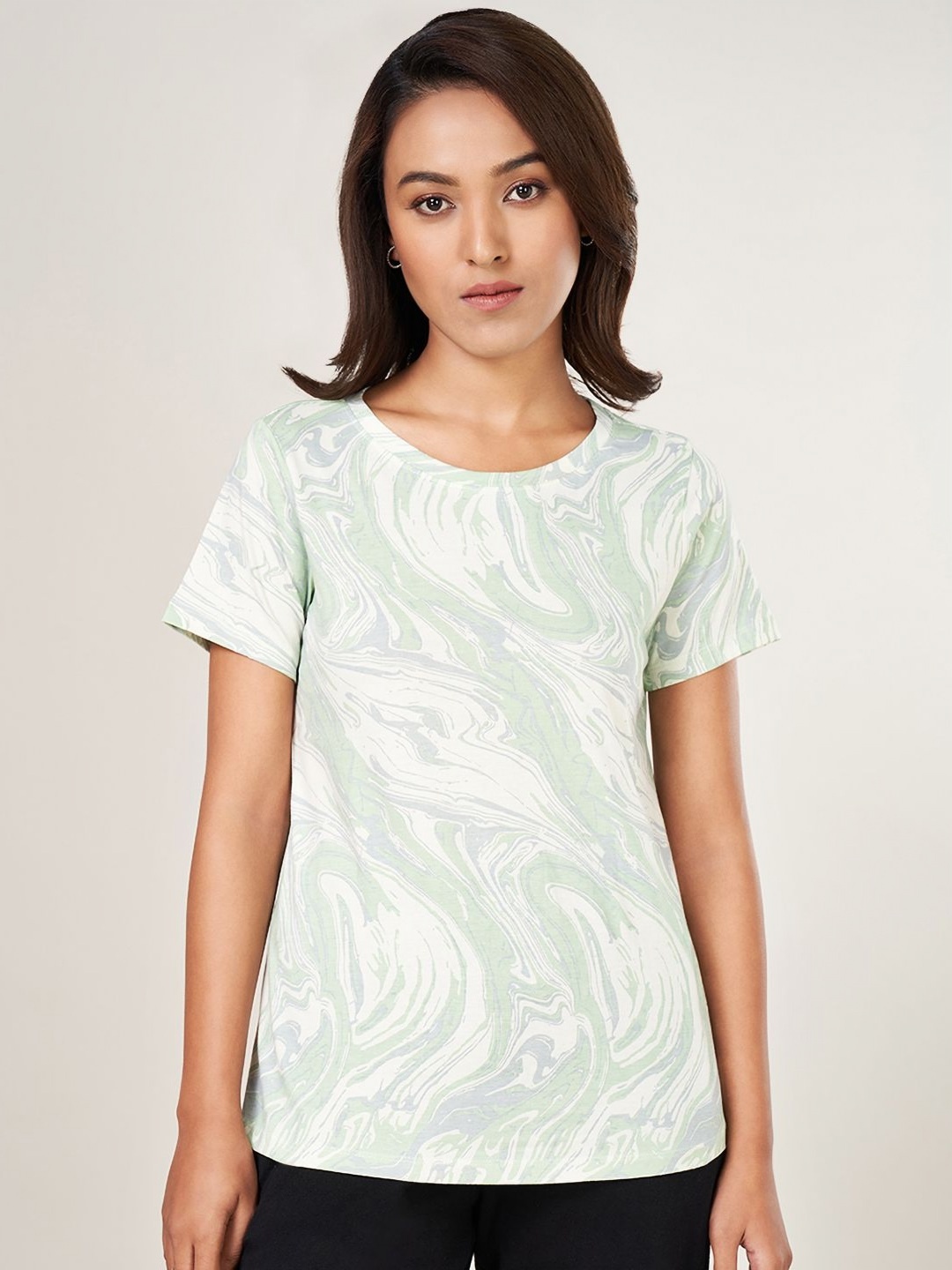 

Ajile by Pantaloons Women Abstract Printed Round Neck Cotton T-shirt, Green