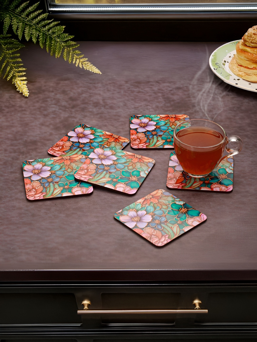 

Homspurts Pink & Green 6 Pieces Printed Wooden Square Coasters
