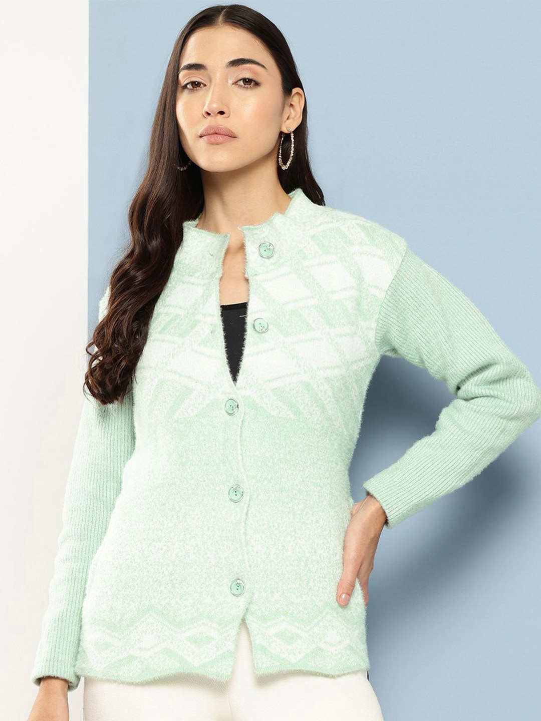 

BAESD Women Mock Collar Floral Self Design Woollen Cardigan Sweaters, Sea green