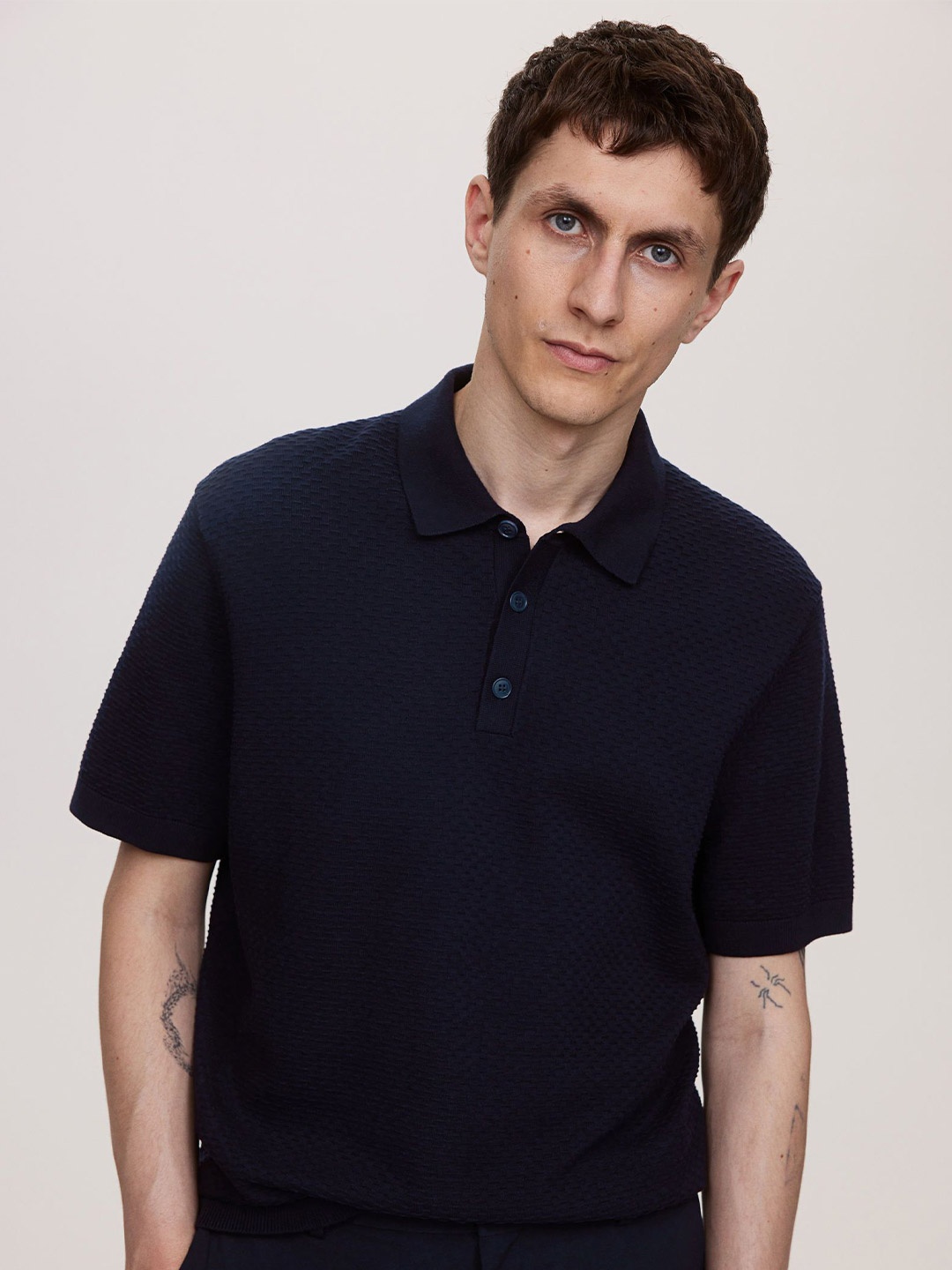 

H&M Slim Fit Textured-Knit Polo Shirt, Navy blue