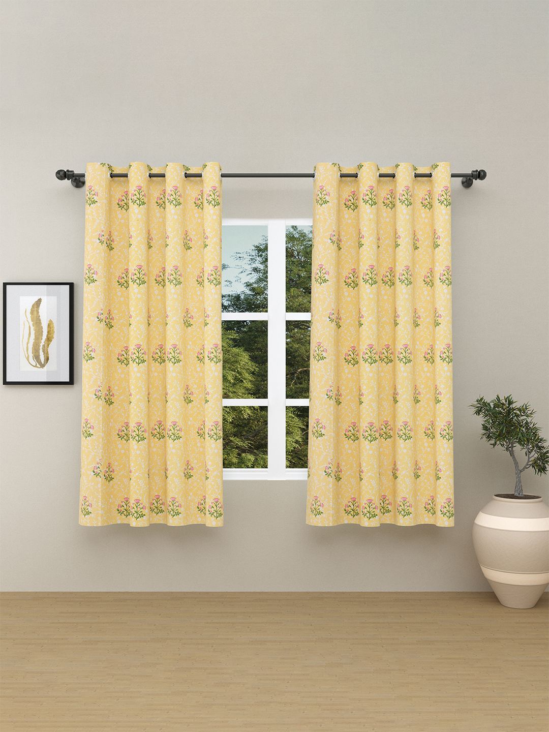 

haus & kinder Yellow & Green 2 Pieces Floral Room Darkening Window Curtain