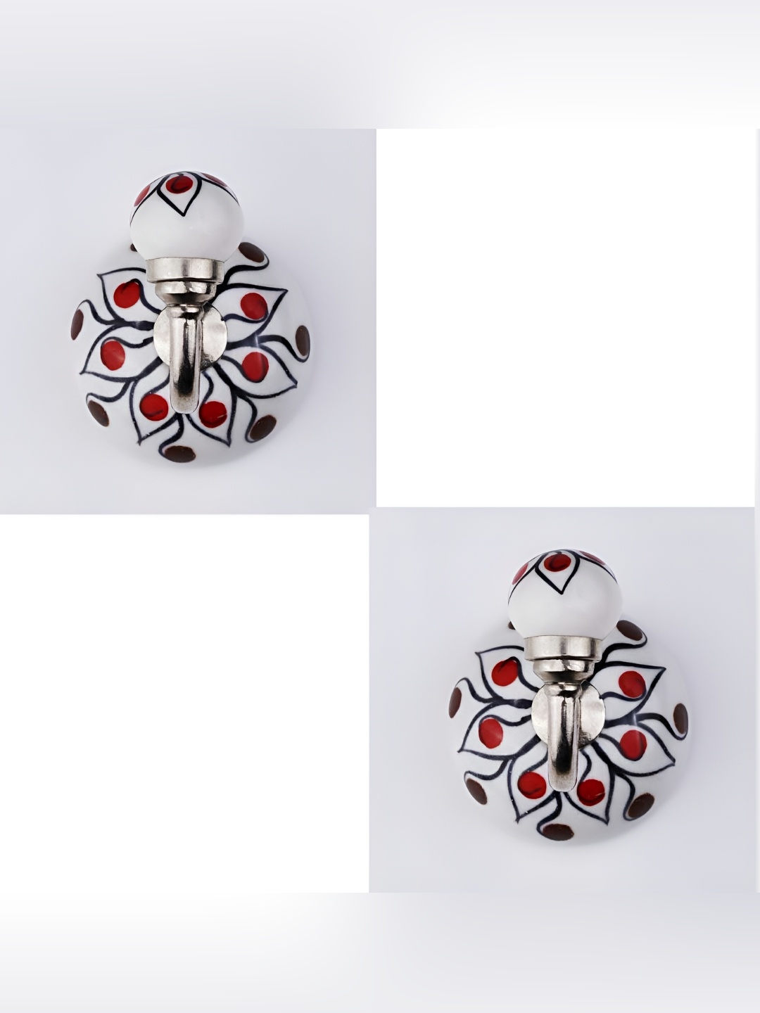 

IndianShelf White & Red 2 Pieces Ceramic Flower Key Hooks Hangers