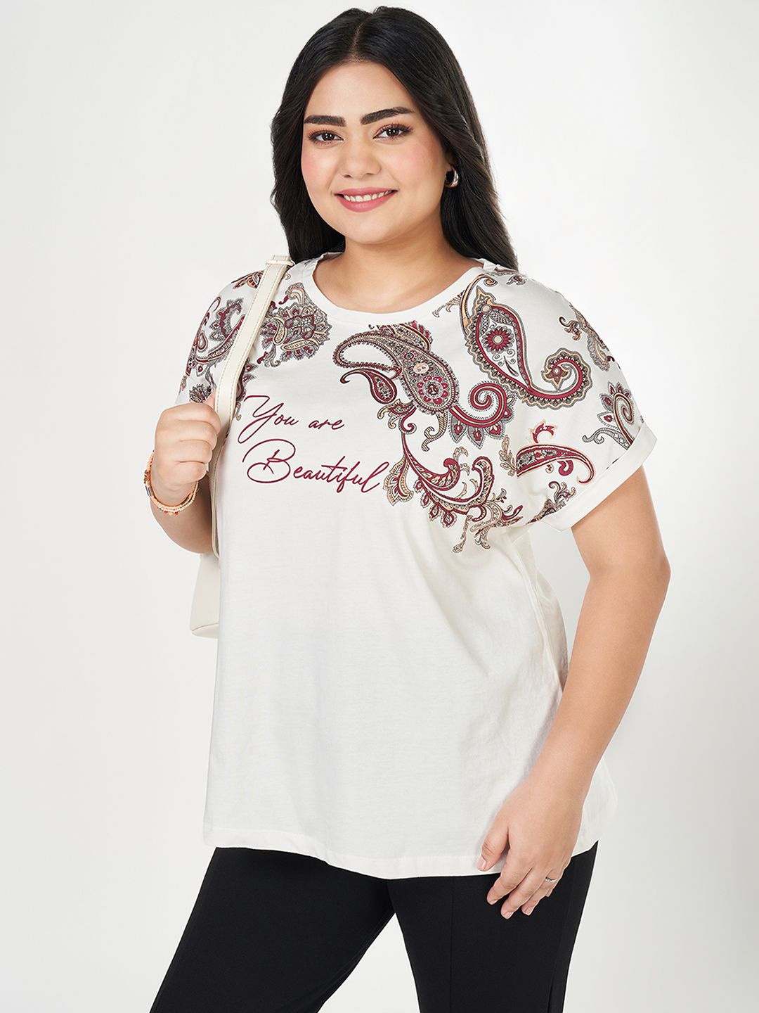 

Honey Curvytude by Pantaloons Women Plus Size Cotton Ethnic Motifs Printed Top, White