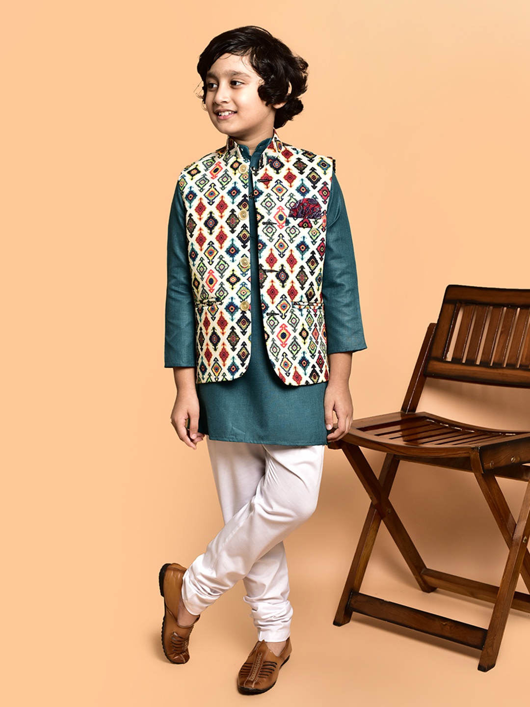 

PRINTINDIA Boys Mandarin Collar Regular Straight Kurta with Pyjamas, Teal
