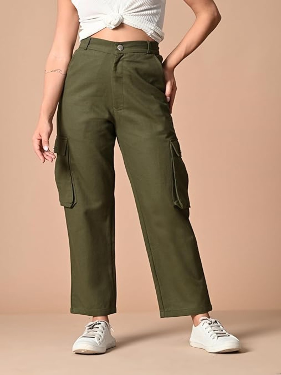 

OWL MINK Women Cotton Comfort Cargos Trousers, Olive