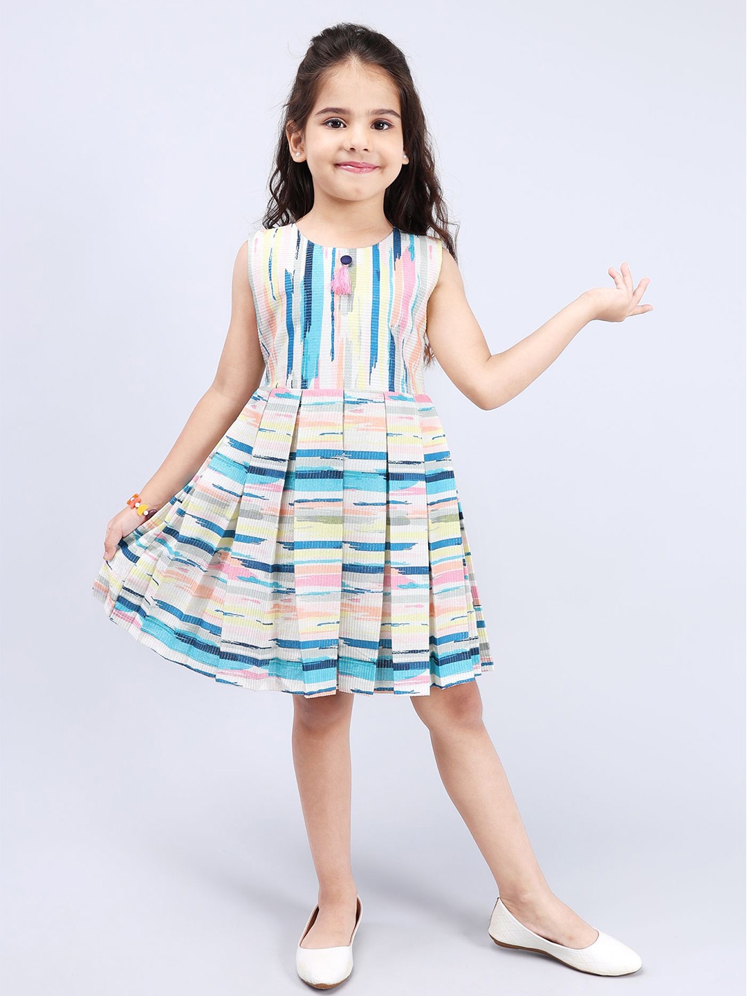 

PINK MERMAID Girls Printed Cotton Fit & Flare Dress, Blue