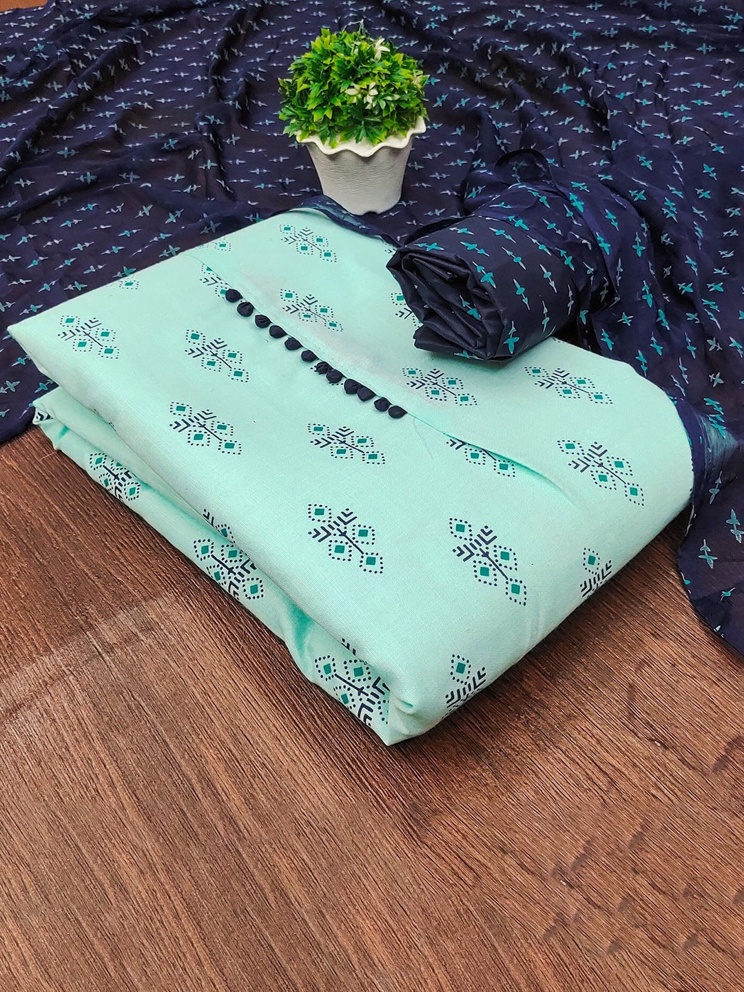 

APNISHA Geometric Printed Unstitched Dress Material, Sea green